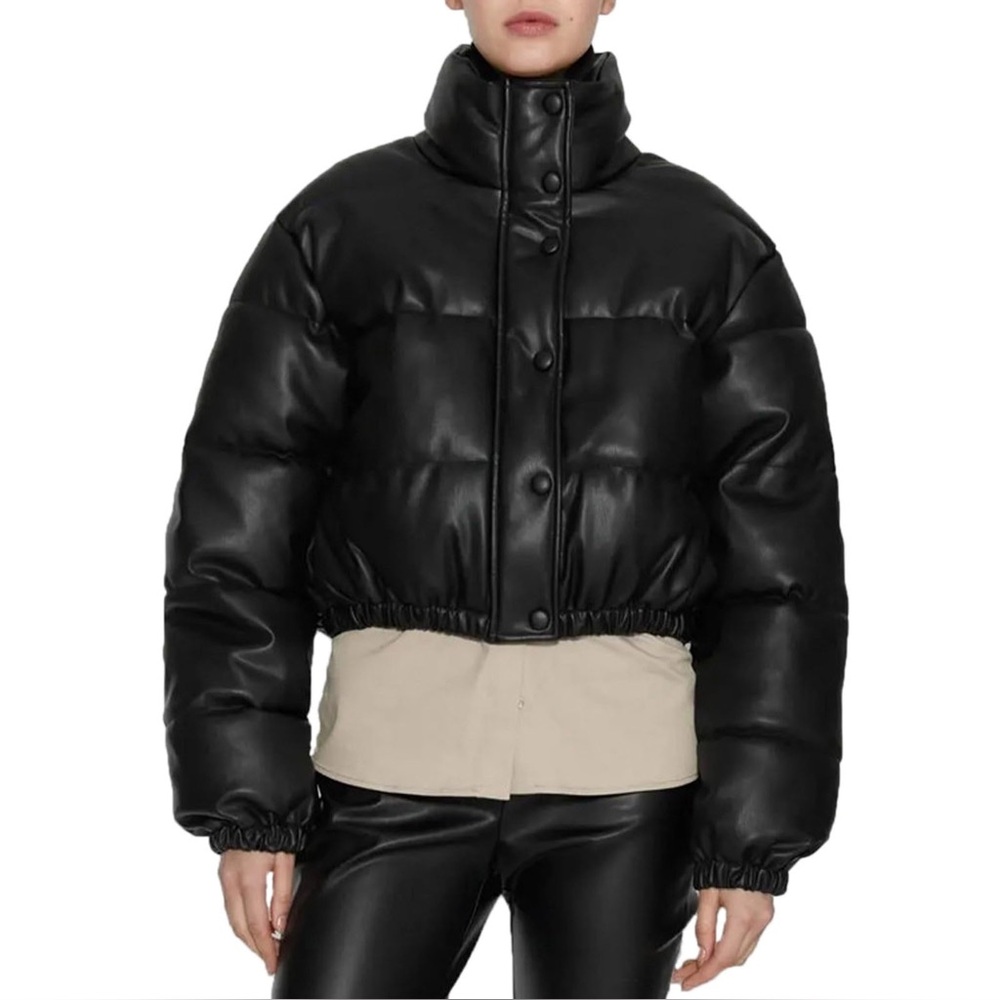 NEW SHEIN Black Faux Leather Cropped Puffer Size M